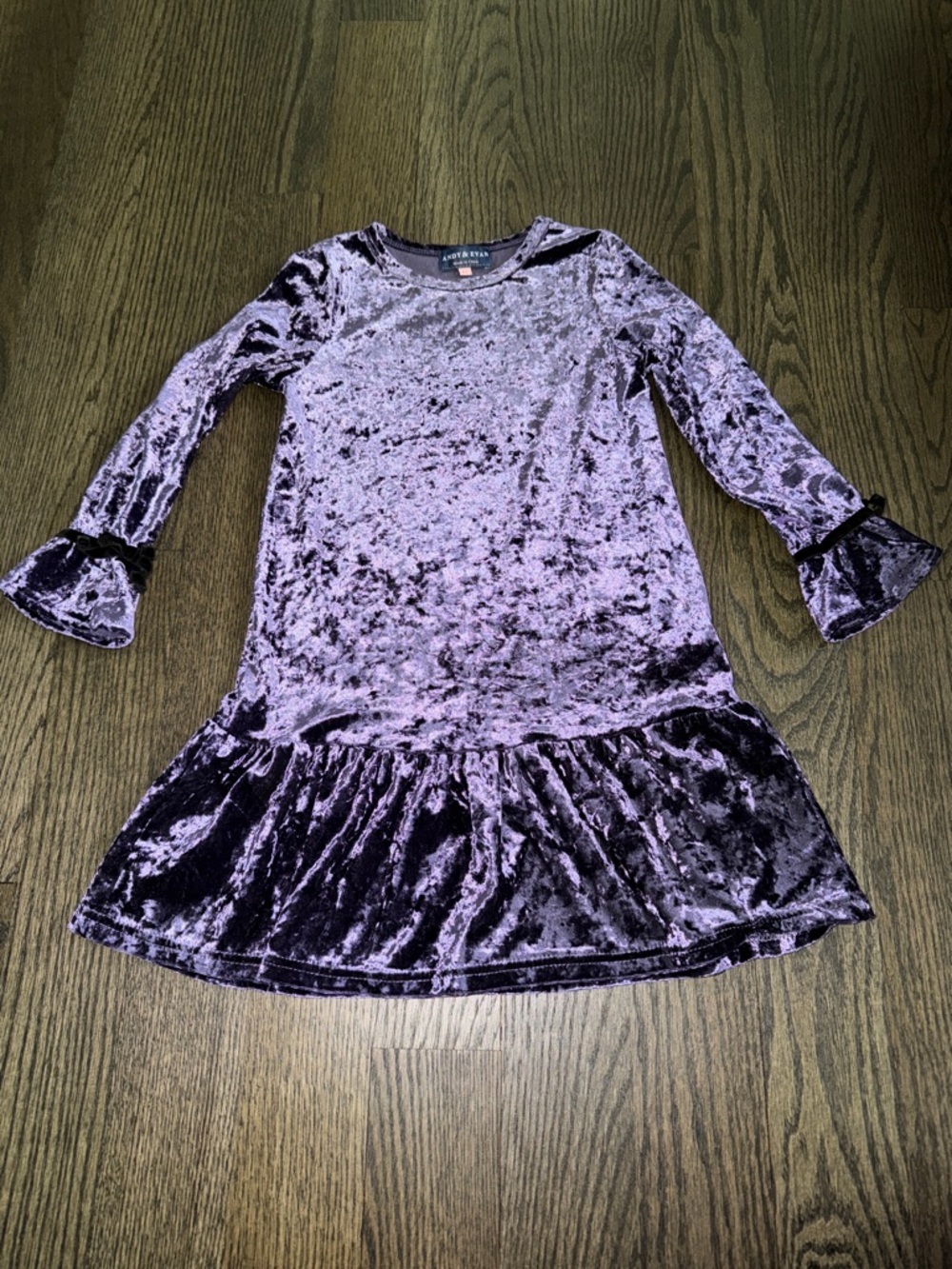 Crushed Velvet Ruffle Hem Kids Dress with Flared Sleeves - Andy & Evan size 6Y
